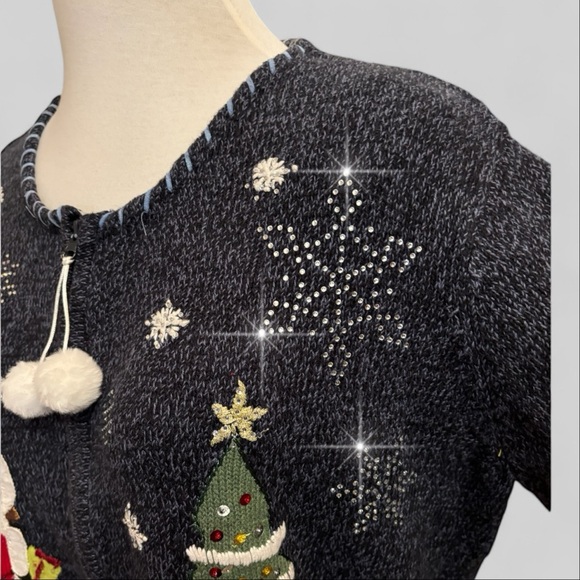 Vtg Blue Ugly Christmas Sweater Sz 1X Heavy Rhinestones Snowflakes Sparkle Santa - Picture 7 of 12
